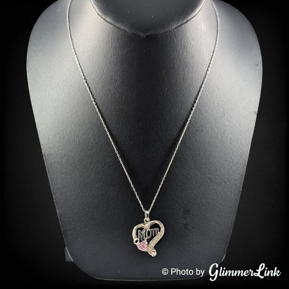 Dainty Pink CZ Mom Heart October Birthstone 925 Sterling Silver Pendant Necklace - Picture 4 of 12